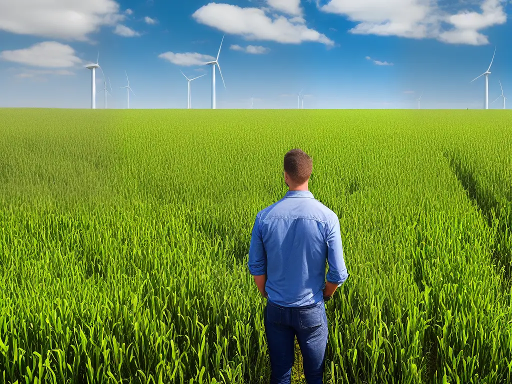 Illustration of a farmer standing over a field of crops with wind turbines in the background to represent sustainable ingredient sourcing for Argentine McWraps