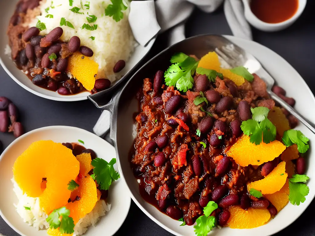 A plate of feijoada, a traditional Brazilian dish made with black beans, pork, and bacon, served with rice and orange slices.