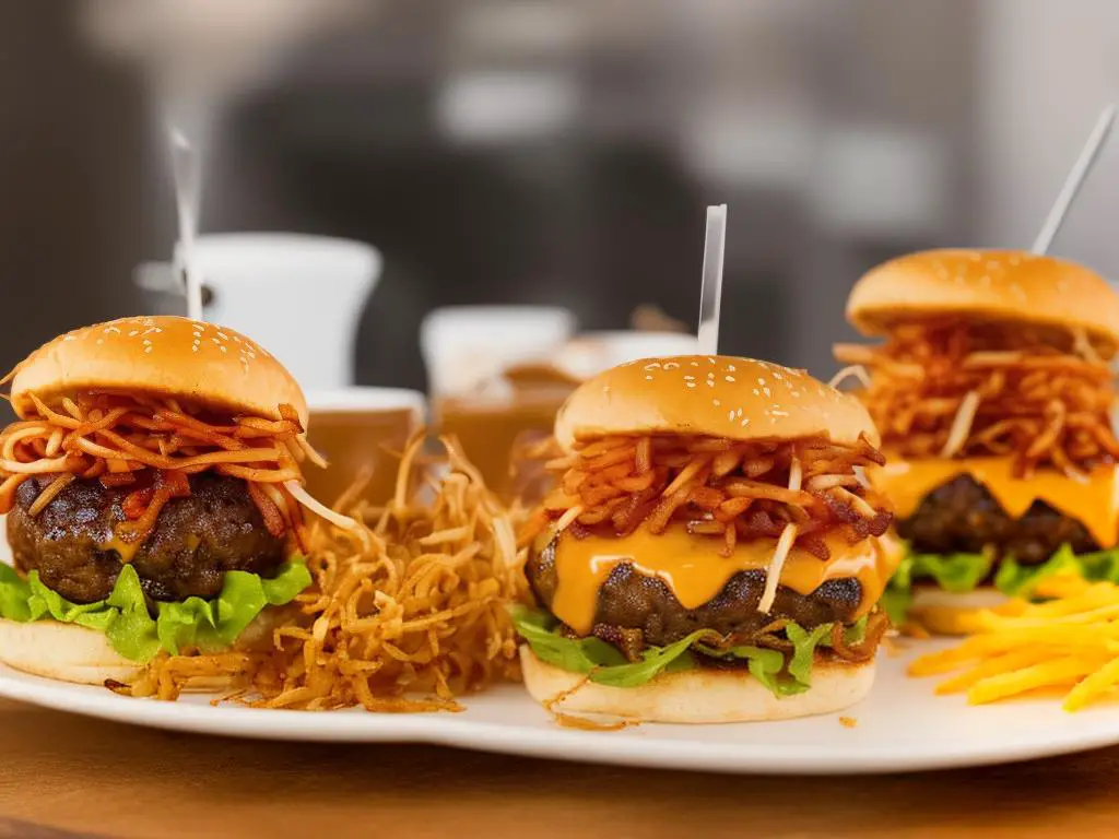 The image shows a delicious burger with a succulent beef patty, smoky bacon, melted cheese, crispy onions, all topped with a rich and tangy barbecue sauce.