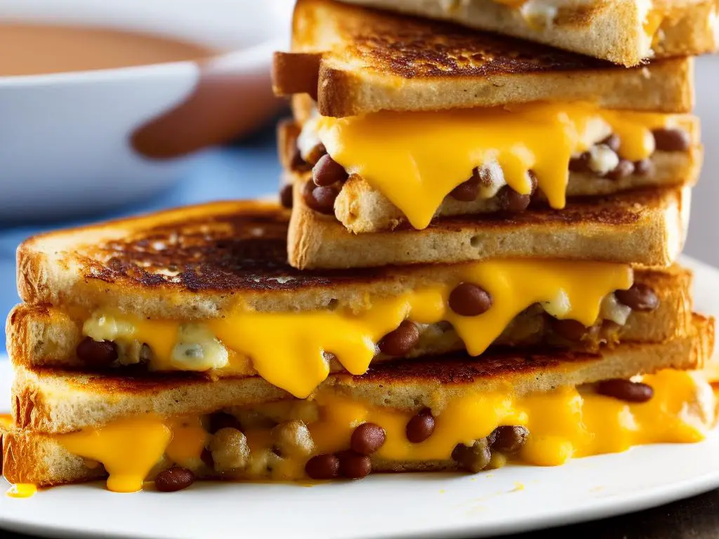 A close-up image of the Beans and Cheese Toastie with melted cheese and beans spilling out of it, with a golden brown toasted bread in the background