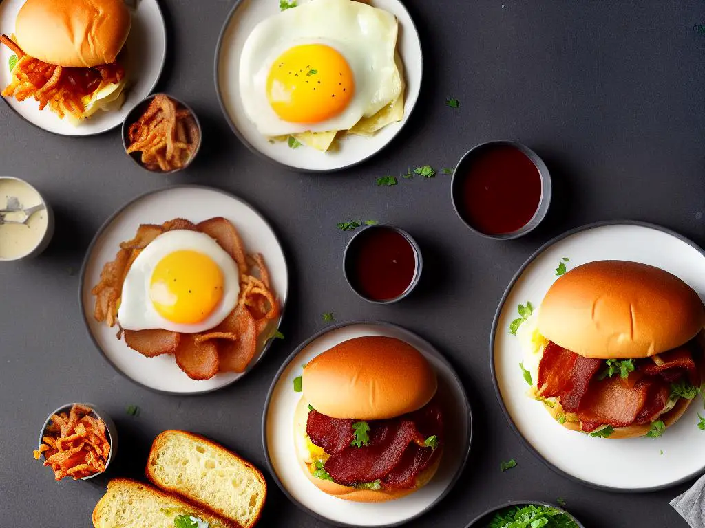 The Big Brekkie Burger is shown with its toasted brioche-style bun filled with a 100% Australian beef patty, a generous slice of cheese, a steaming hot fluffy egg, a few rashers of crispy bacon, and a dollop of BBQ sauce.
