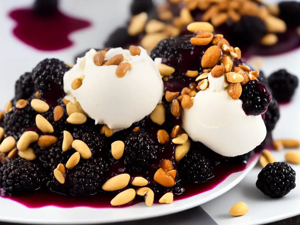 A close-up photo of the Blackberry Peanut Sundae, showing vanilla ice cream topped with blackberry sauce and peanuts.
