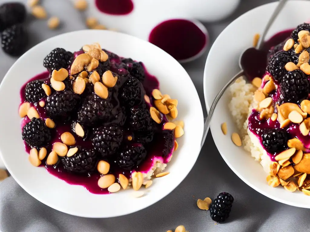 A bowl of Blackberry Peanut Sundae from McDonald's Colombia topped with peanuts and drizzled with blackberry sauce