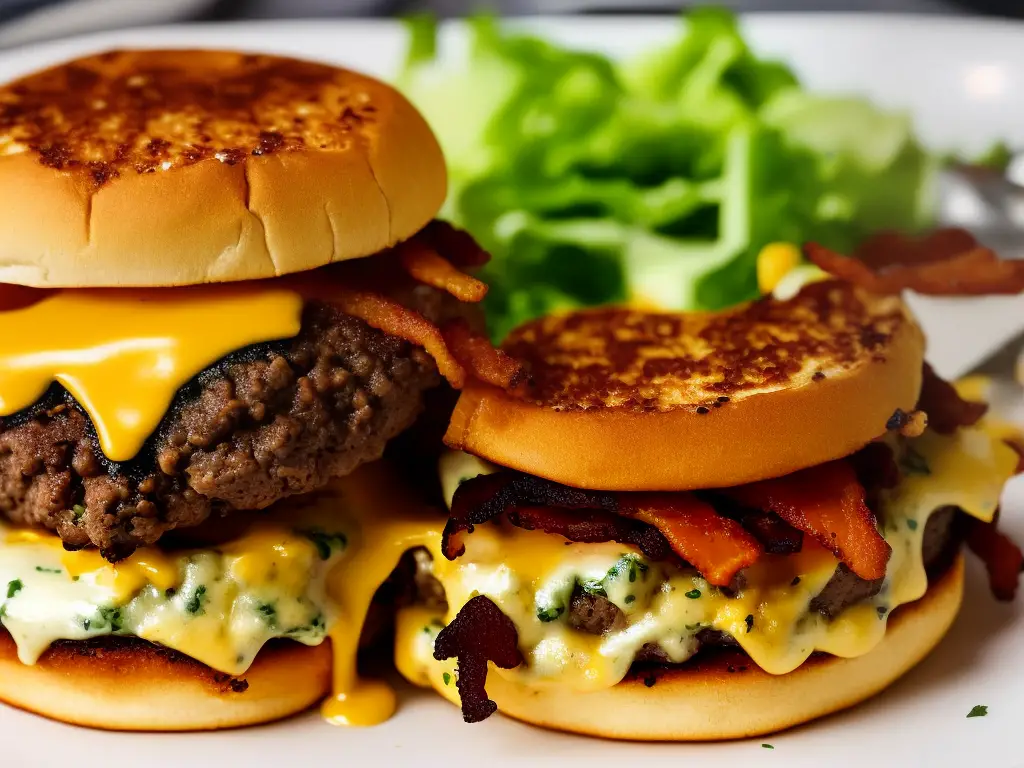 A burger with bacon and cheese inside that reflects Brazilian culinary preferences for meat-based dishes featuring familiar flavors and textures.