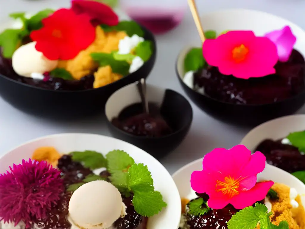 A picture of the 3-Color Bualoy Sundae, with bright pink, green, and purple rice flour balls on top of vanilla ice cream, elaborately garnished with a sauce drizzle and a red flower. The ambiance is warm and inviting, perfect to enjoy a dessert.