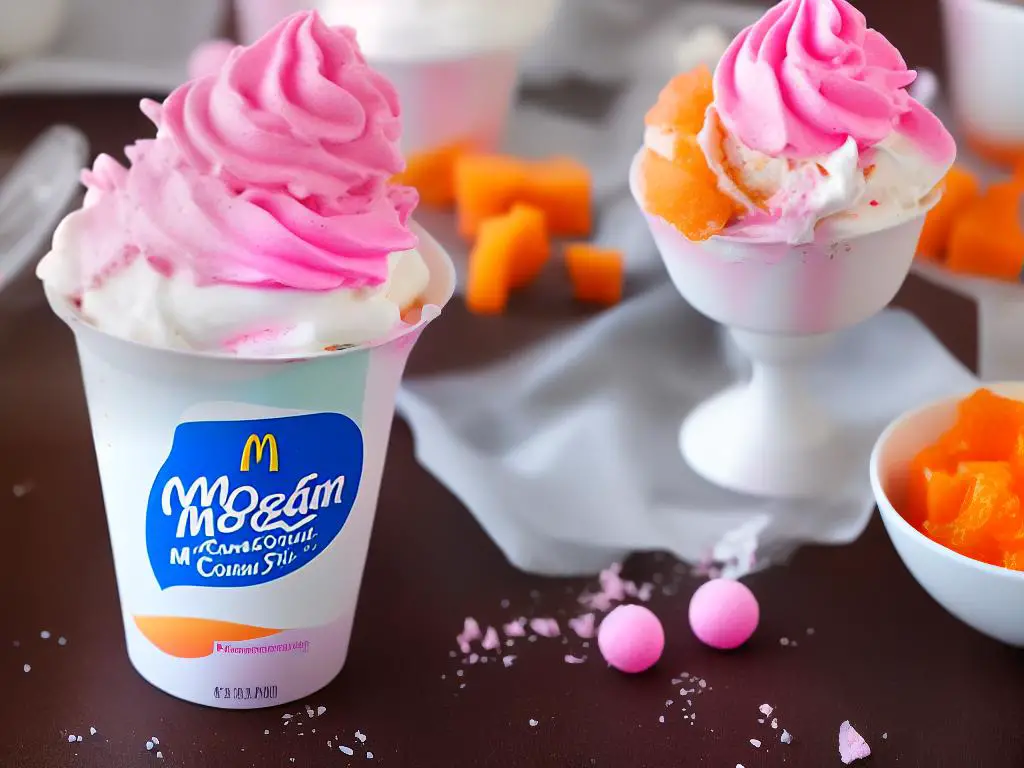 The image shows a delicious McDonald's Bubblegum Squash McFlurry with creamy white vanilla soft serve ice cream at the bottom and a pinkish swirl on top that represents the Bubblegum flavour. The swirl is further adorned with multicolored candy sprinkles and finished with a drizzle of pink syrup. The image is very eye-catching and looks as delicious as it must taste.