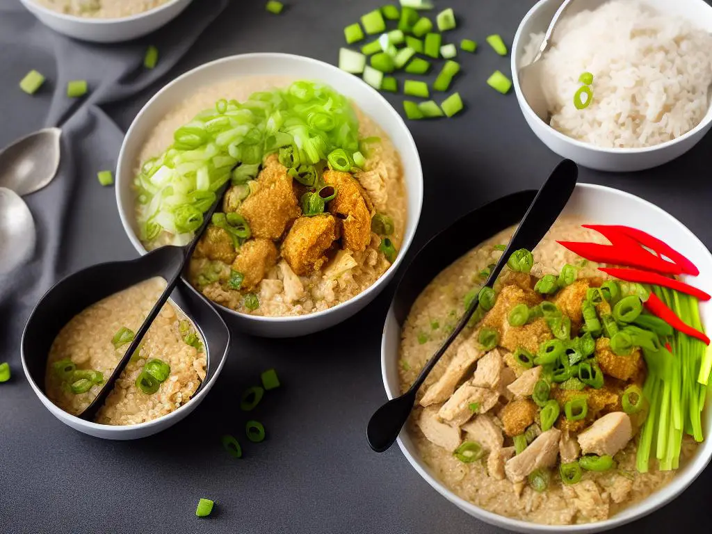 A bowl of Bubur Ayam, chicken porridge with diced chicken strips, sliced spring onions, ginger, fried shallots, and diced chilies, with a spoon for serving.