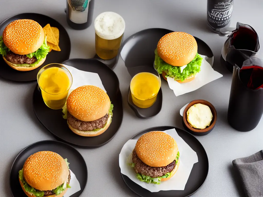 A photo of a McOz burger along with a side dish and a beverage pairing with Australian Beer in a stylish serving plate