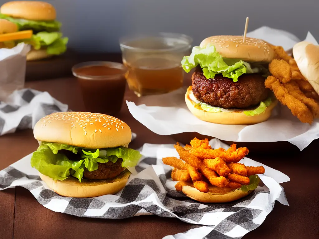 An image of a burger lying on a red and white checkered disposable paper on a table. The burger has a fried chicken patty with lettuce and mayonnaise in between two soft buns.