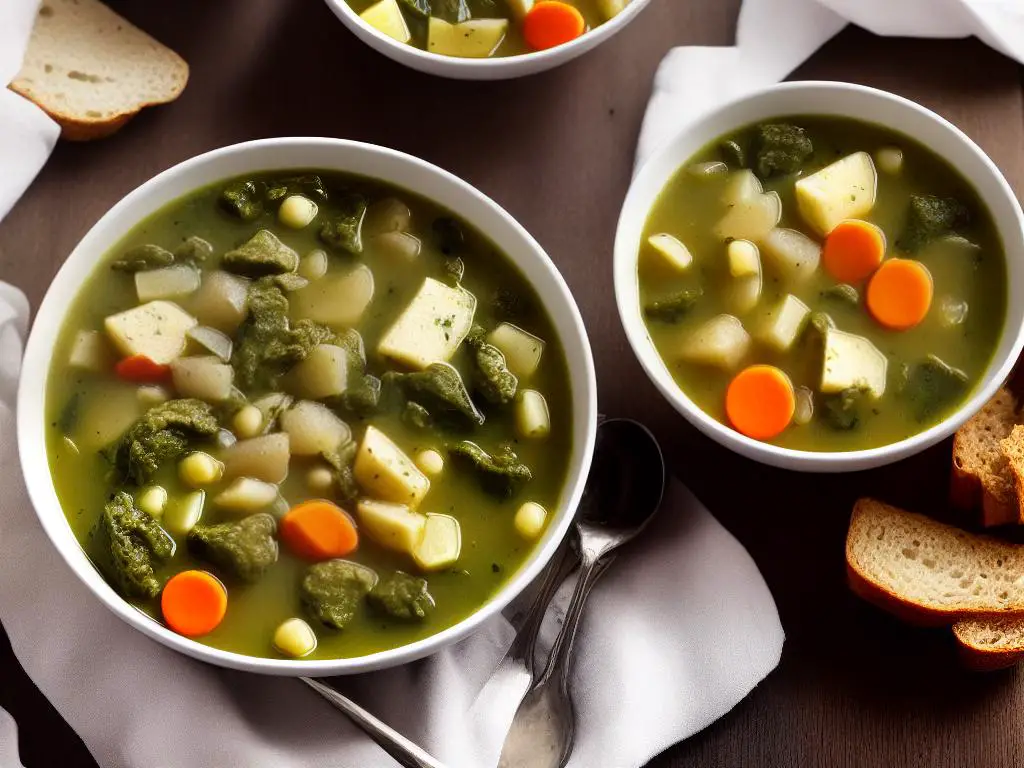 Picture of a warm bowl of caldo verde soup with slices of bread in the background