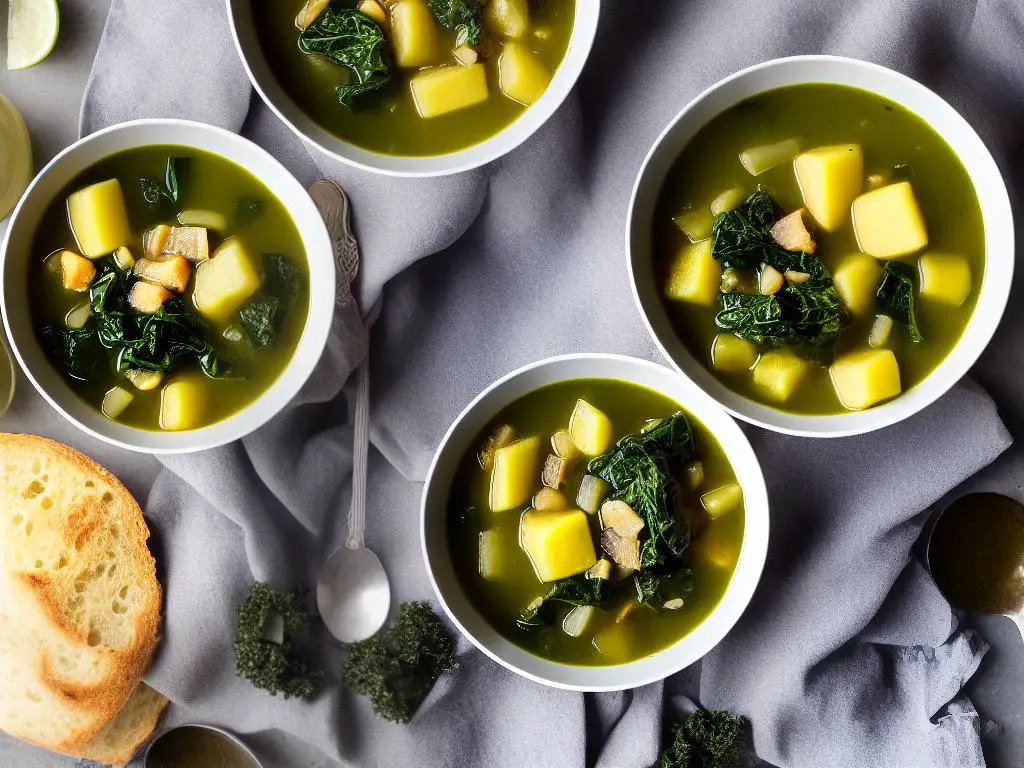 A bowl of Caldo Verde soup, a traditional Portuguese soup made with potatoes, onion, garlic, kale or collard greens, and olive oil. The soup is bright green in color and is served in a white bowl on a wooden table with a spoon.