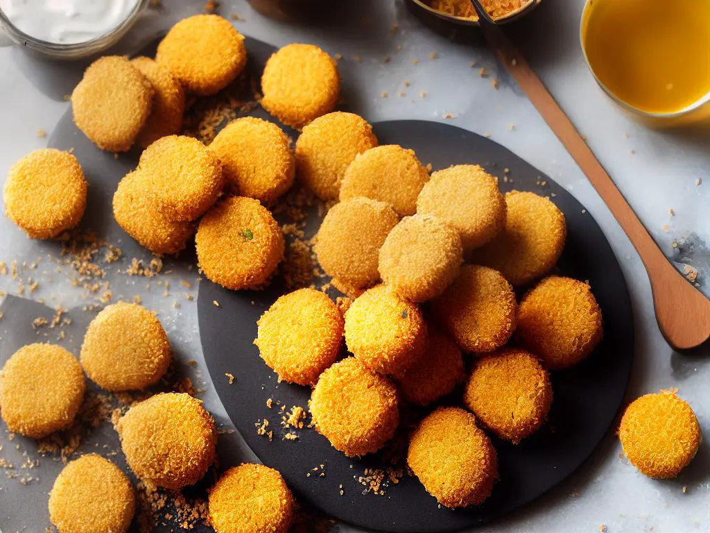 An image of cheese croquettes, golden and crispy on the outside with melted cheese inside.