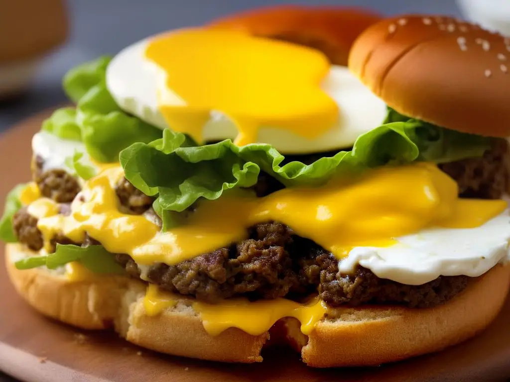 A photo of McDonald's Cheese Scrambled Egg Burger, showing scrambled eggs topped with melted cheese in a hamburger bun with vegetables like lettuce and tomatoes