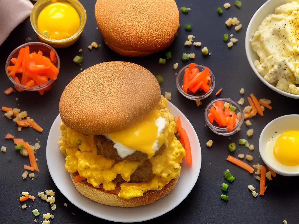 A photo of a McDonald's Cheese Scrambled Egg Burger, consisting of a hamburger bun, cheese, scrambled egg, and other aromatic toppings.