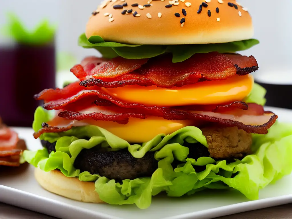 An image of a McDonald's cherry blossom burger with a light pink bun, bacon, egg, and lettuce arranged in a way that creates a sense of balance and harmony. The burger evokes the imagery of a cherry blossom with its color scheme and carefully placed ingredients.