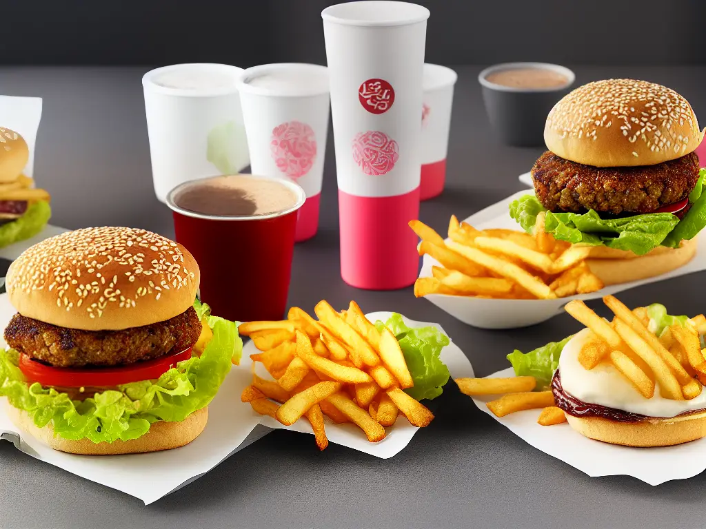 A photo of the Cherry Blossom Burger with a pink bun and sesame seeds, topped with lettuce and a chicken patty, with a side of fries and drink in a McDonald's packaging that features traditional Japanese motifs.