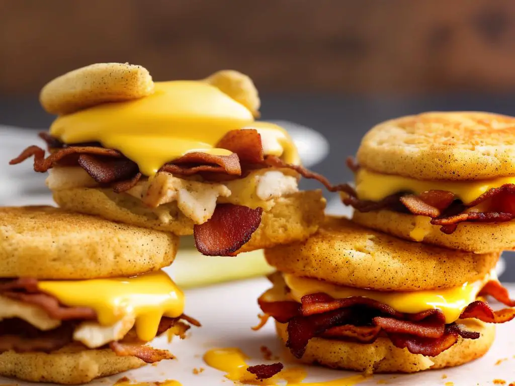 A picture of a Chicken and Bacon McMuffin sandwich with a golden muffin, a chicken patty, bacon slices, and melted cheese.