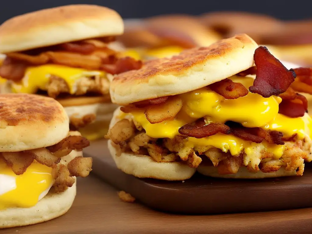 A picture of a McDonald's Chicken and Bacon McMuffin with chicken patty, bacon, egg, cheese, and muffin bun.