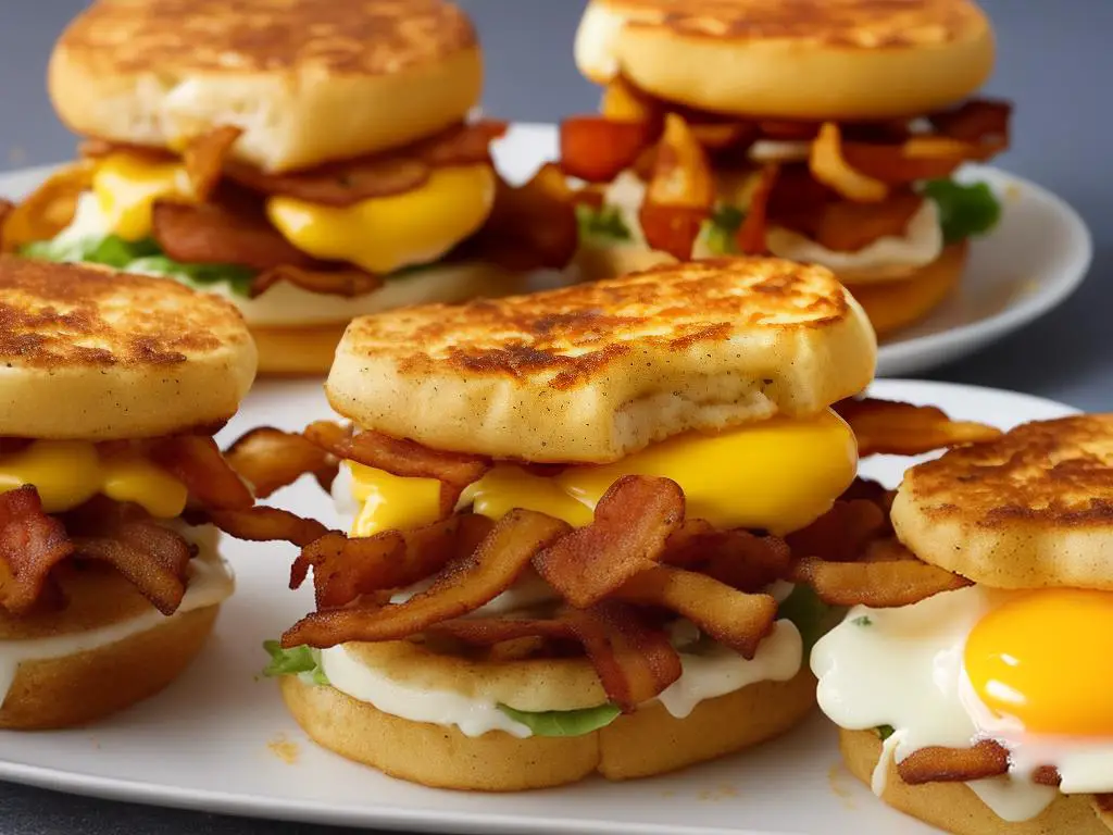 A picture of a delicious looking McDonald's Chicken and Bacon McMuffin sandwich with an egg, chicken patty, bacon, and melted cheese between two toasted English muffins.