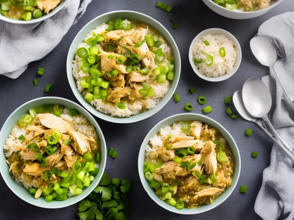 A bowl of chicken porridge with shredded chicken, rice and green onions. There is steam coming off the bowl.