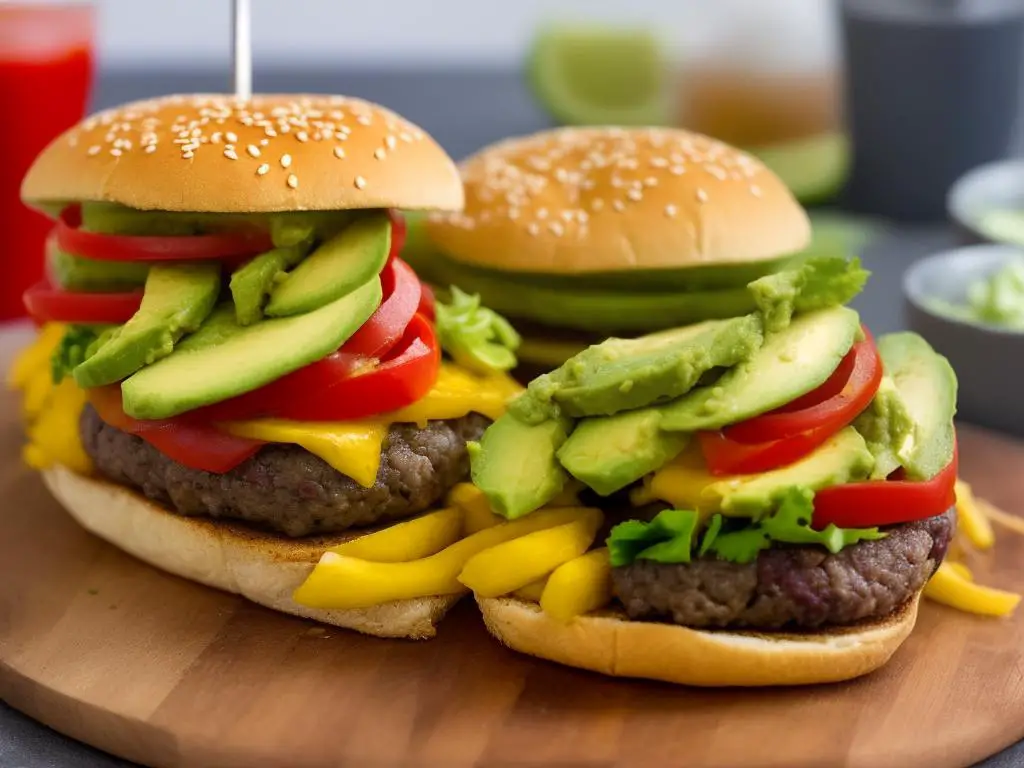 A picture of a Chile Avocado Burger with a juicy beef patty and fresh avocado, topped with a spicy tomato-based sauce made with Chilean green and red peppers, surrounded by fries and a drink.