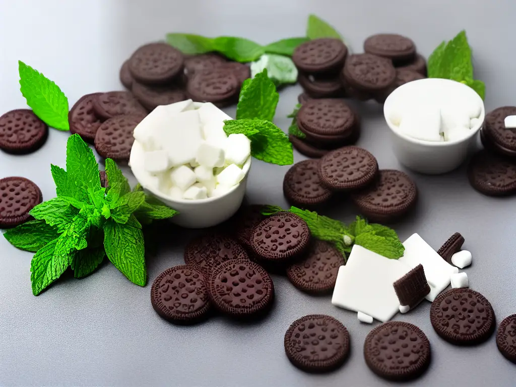 A ChocoMenta McFlurry is placed against a white background and topped with pieces of Oreo cookies and mint leaves, forming a visually appealing combination.