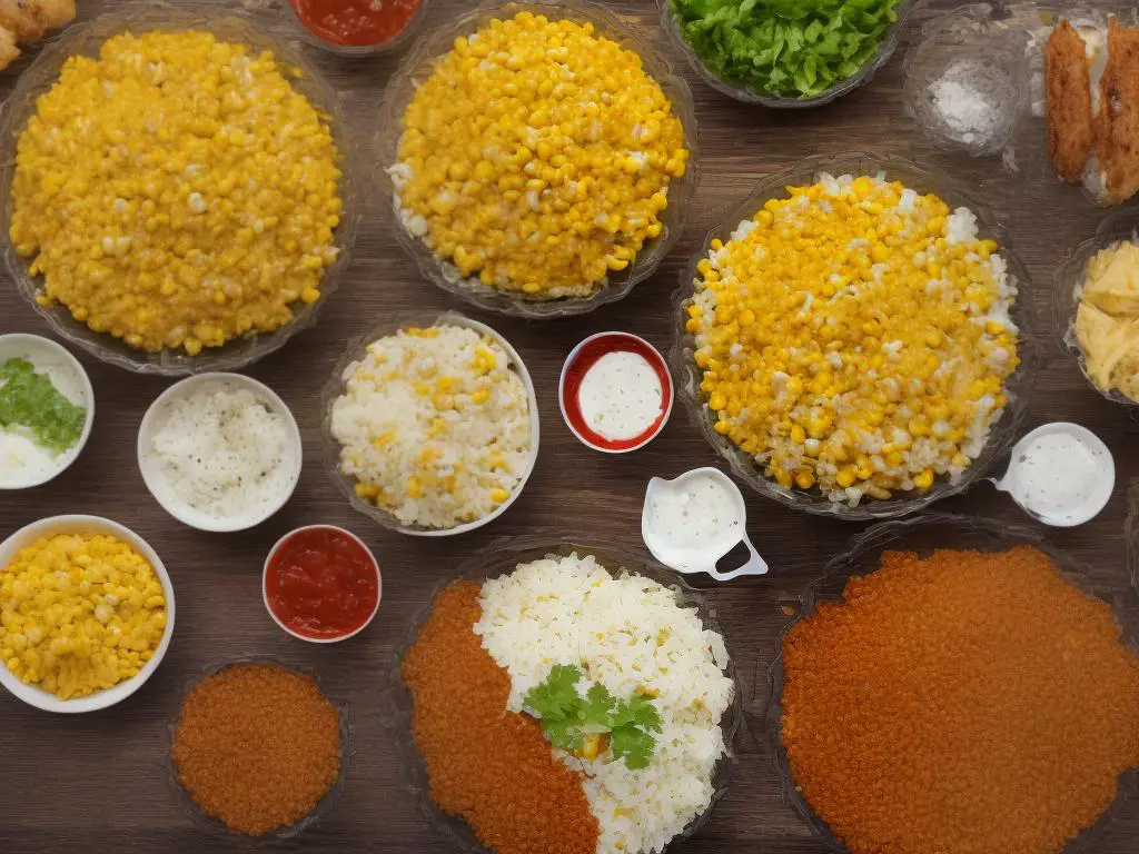 A picture of various corn-based dishes from fast food chains in China. This includes corn salad, a sweet corn pie, whole corn on the cob, deep-fried seasoned corn kernels, and a roasted chicken, corn, and cheddar sandwich.