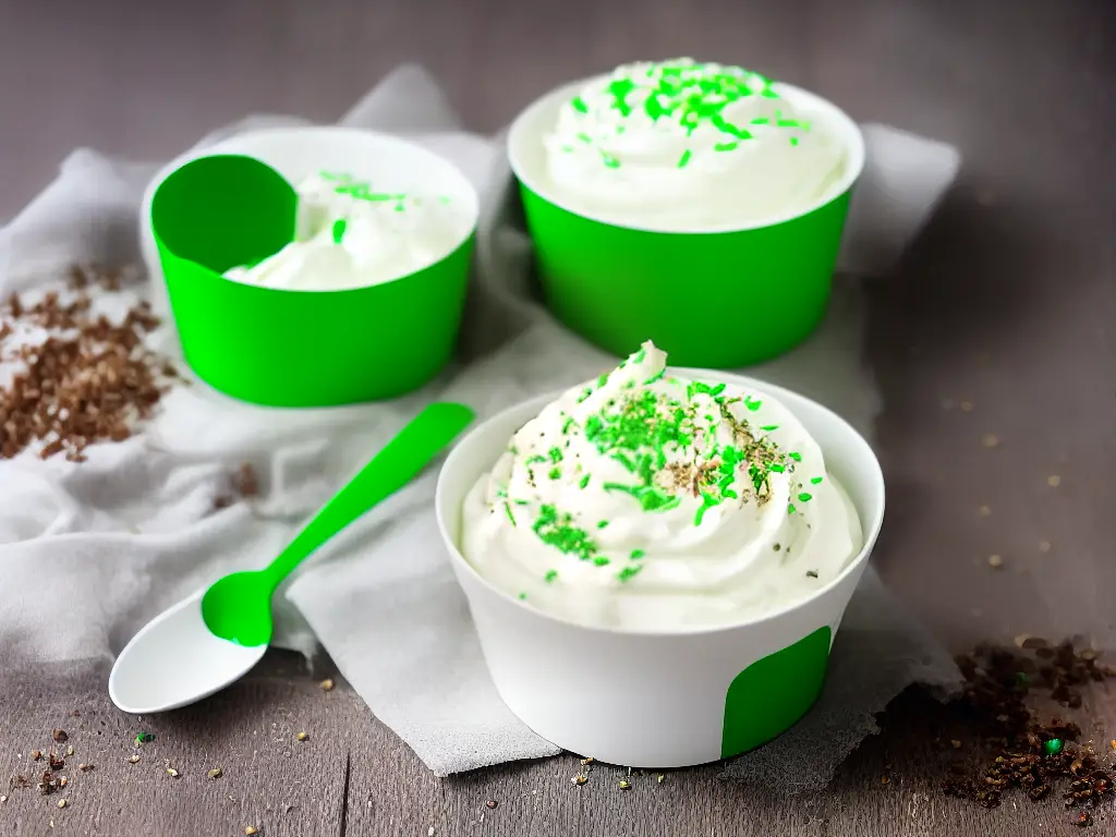 A photo of a green and white McFlurry in a clear cup with a spoon and green and white sprinkles on top.