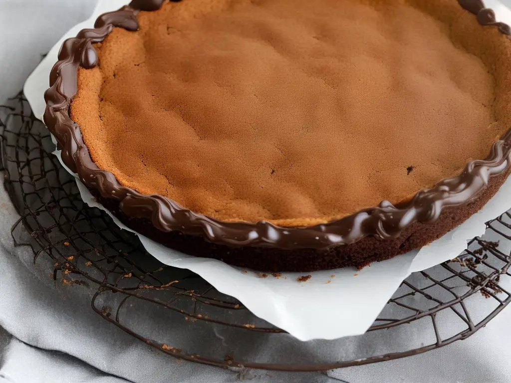 A freshly baked McDonald's Double Choco Pie with a crispy outer crust and a soft, creamy, and rich chocolate filling. The pie is cut in half, revealing its chocolatey insides.