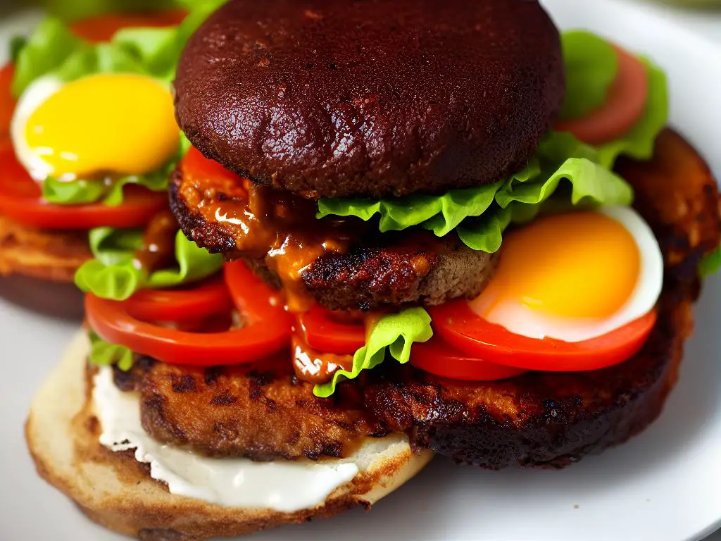 A picture of the Double McExtreme BBQ Bourbon Egg burger, showcasing two beef patties, a fried egg, lettuce, cheese, and a rich BBQ bourbon sauce.