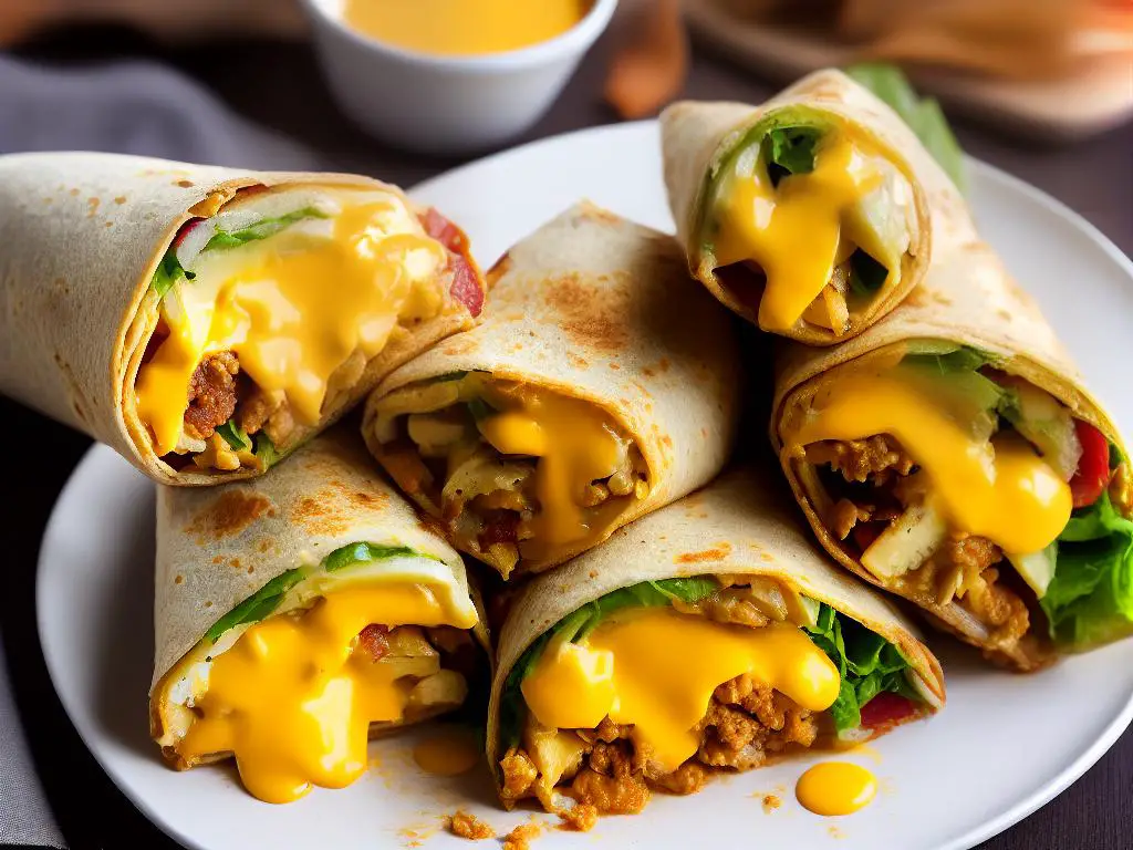 An image of a hot and delicious Egg and Cheese Wrap from McDonald's with fluffy scrambled eggs, melted cheese, and signature sauce, all wrapped in a warm tortilla.