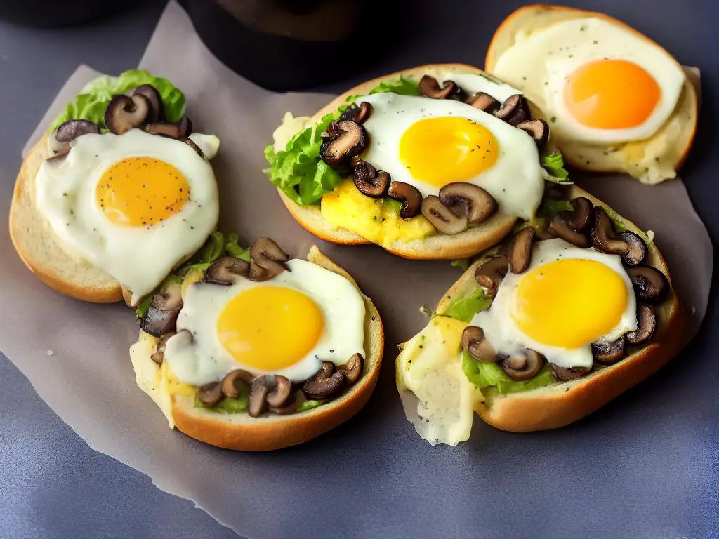 An image of a breakfast sandwich showing an egg, mushroom, cheese, all nestled inside a Kaiser roll