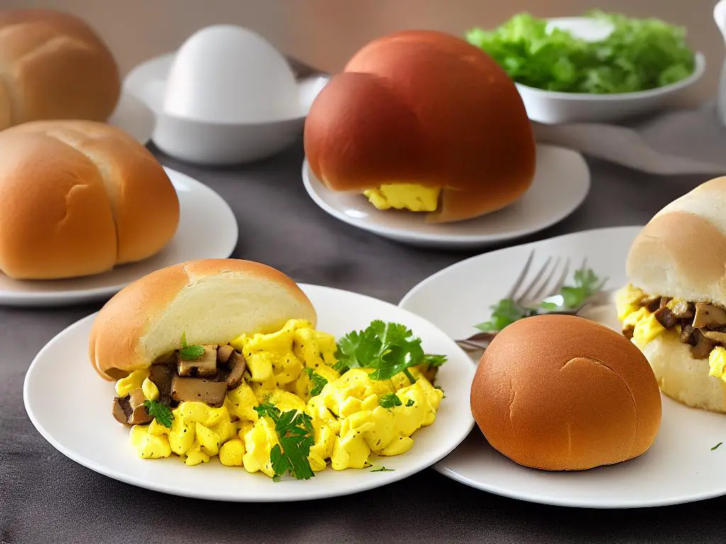 A picture of the Egg and Mushroom Kaiser Roll from McDonald's Poland, showing a kaiser roll with scrambled eggs and mushrooms inside.