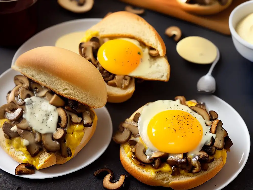 An image of the Egg and Mushroom Kaiser Roll, a breakfast sandwich exclusive to McDonald's Poland, with a Kaiser Roll filled with scrambled eggs, mushroom sauce, and melted cheese.