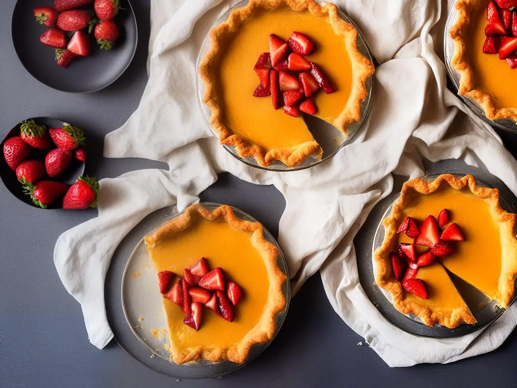 An image of a delicious looking pie with a crispy, golden pastry crust filled with a creamy custard and topped with fresh strawberries.