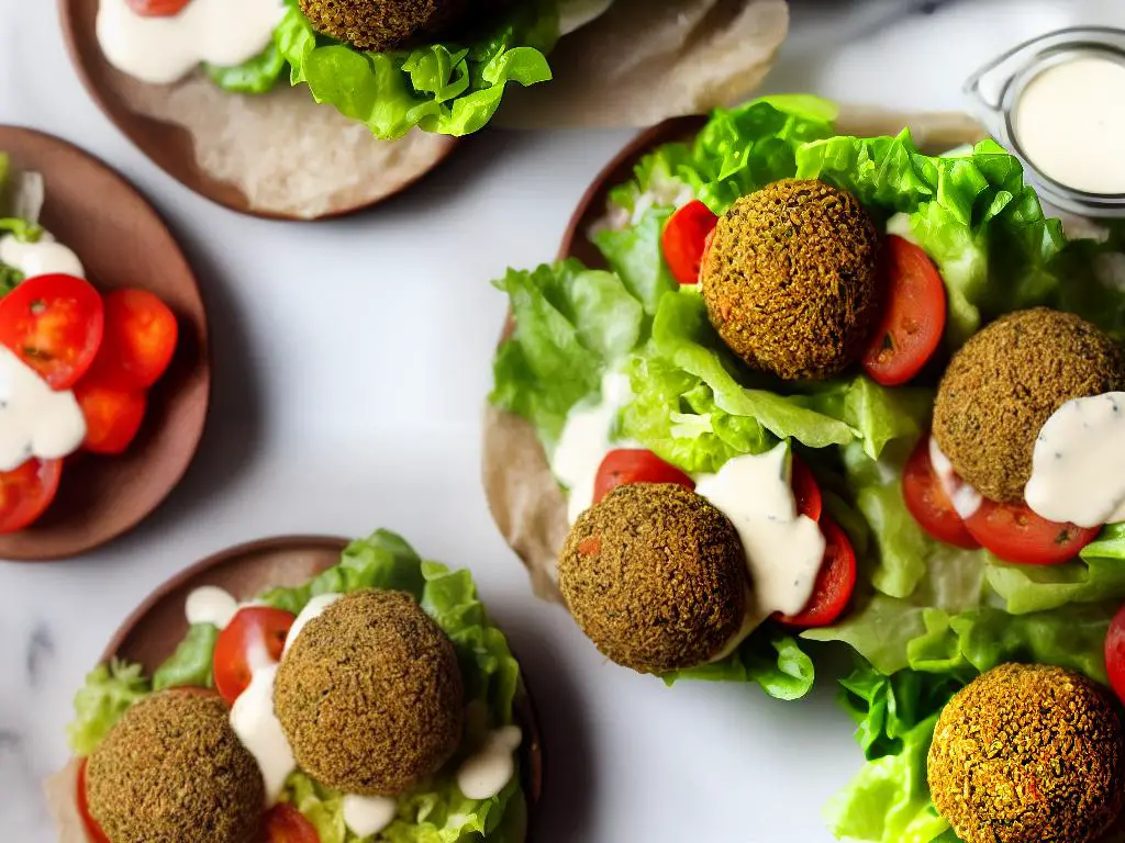 A sandwich with falafel balls, lettuce, tomato, and tahini sauce