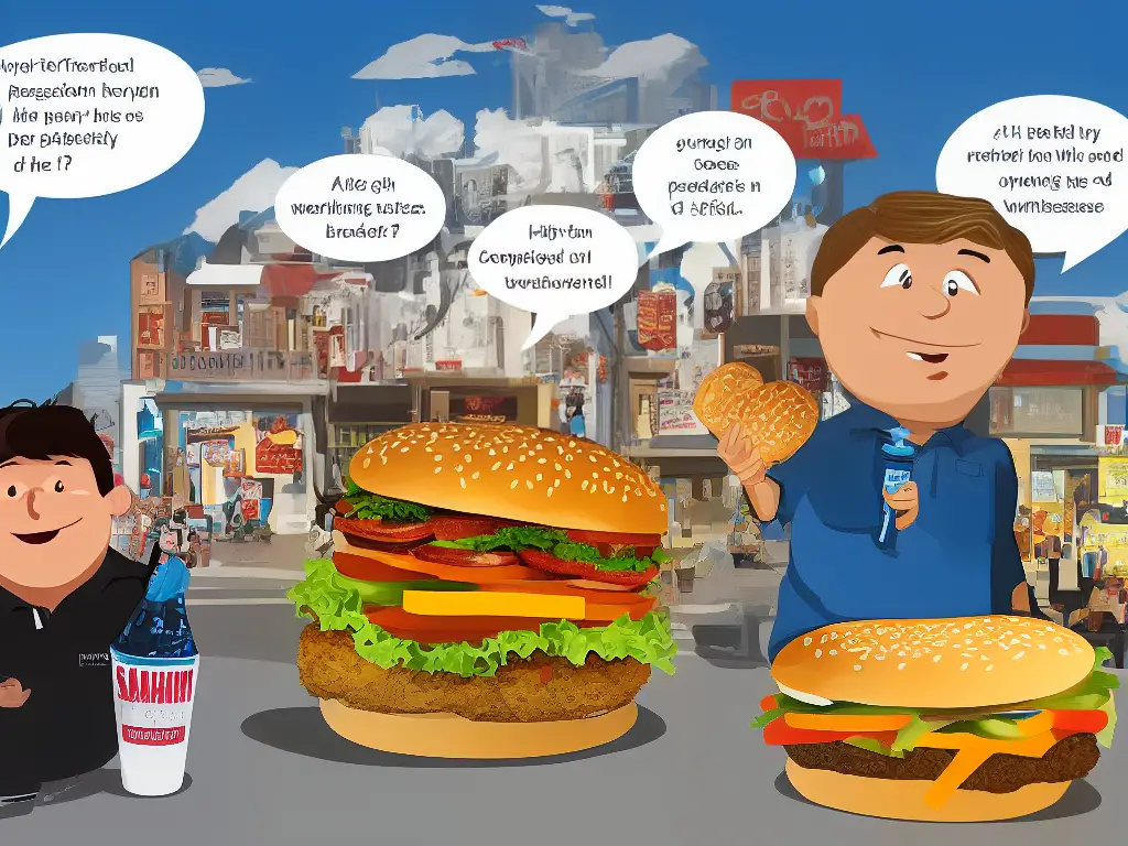 A cartoon image of a person with a sad expression holding a burger and a soda surrounded by text bubbles showing different negative effects of consuming fast-food frequently such as obesity, heart diseases and high blood pressure.