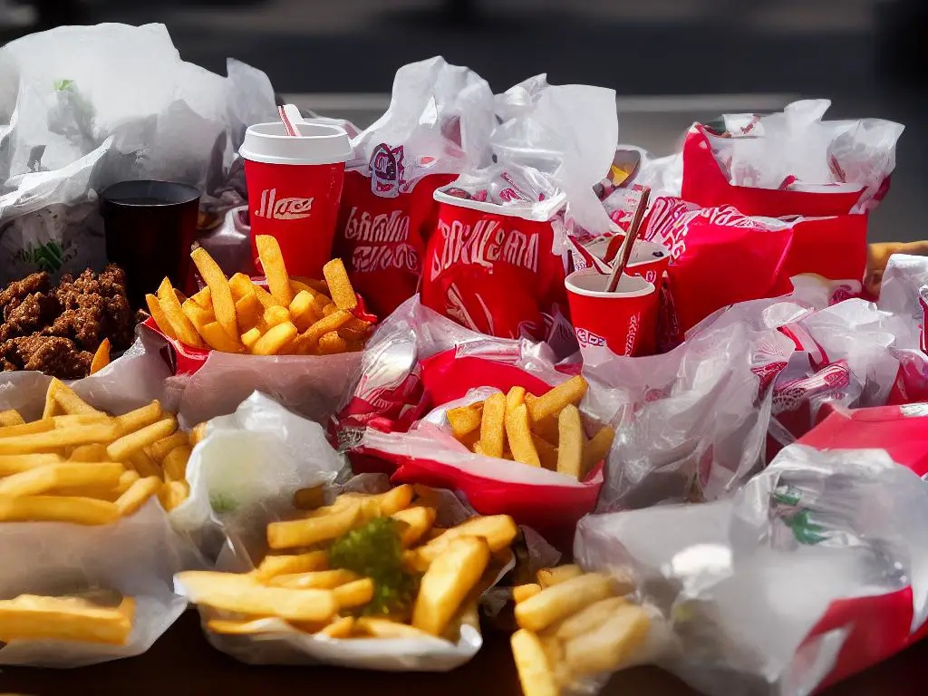 The image shows a collection of fast food items like hamburgers, fries, nuggets and soft drinks in takeaway containers. There are plastic bags and ketchup packets strewn around a greasy paper bag.