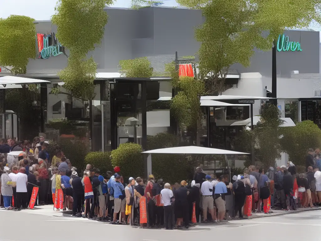 A picture of a fast-food restaurant in New Zealand with people lining up to buy food.