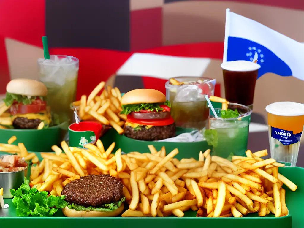 An illustration of burgers, fries, and a drink served on a tray with the Brazilian flag in the background.