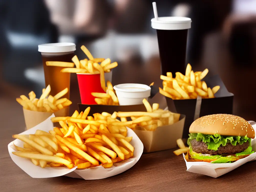 A picture of a burger, fries, and drink in a fast food restaurant.