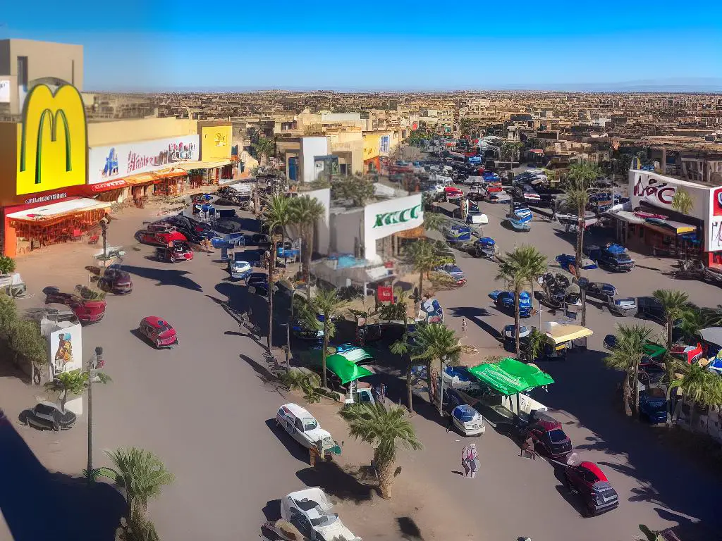 A street with multiple fast-food chains in Morocco showing signs and menus of McDonald's, KFC, and Subway.