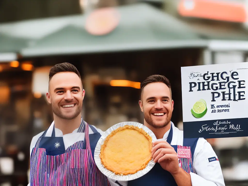 An image of a smiling chef holding a Georgie Pie with a banner that reads 'Georgie Pie, the original Kiwi pie' in the background