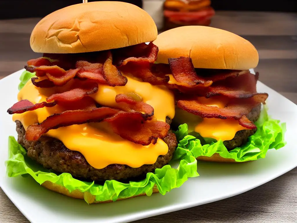 A giant burger with three beef patties, bacon, cheese, lettuce, tomato, onions, pickles, and a special sauce served in a bun.