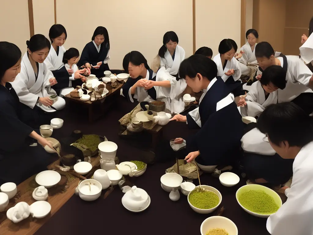 A Japanese tea ceremony in progress with a person whisking matcha in a bowl while others watch.