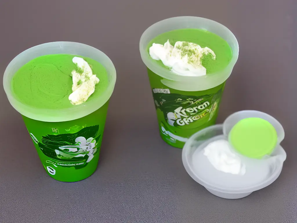 A photo of Japan McDonald's Green Tea McFlurry with whipped cream and green tea powder on top. The ice cream has a pale green color and is served in a clear plastic cup with a green lid.