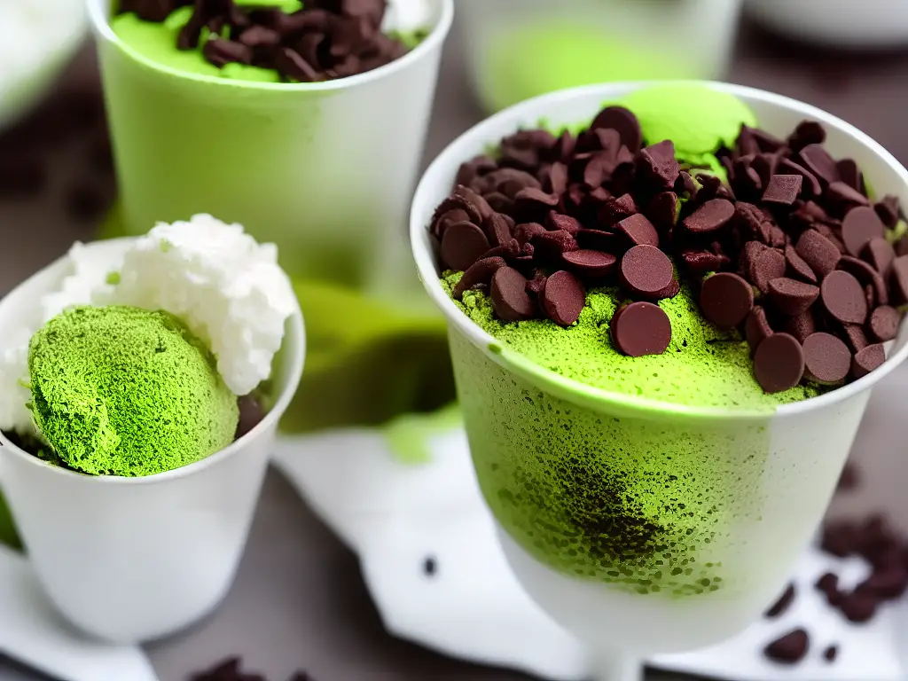 A photo of a McDonald's Green Tea McFlurry, topped with matcha cookies, azuki beans, and chocolate-covered rice puffs.