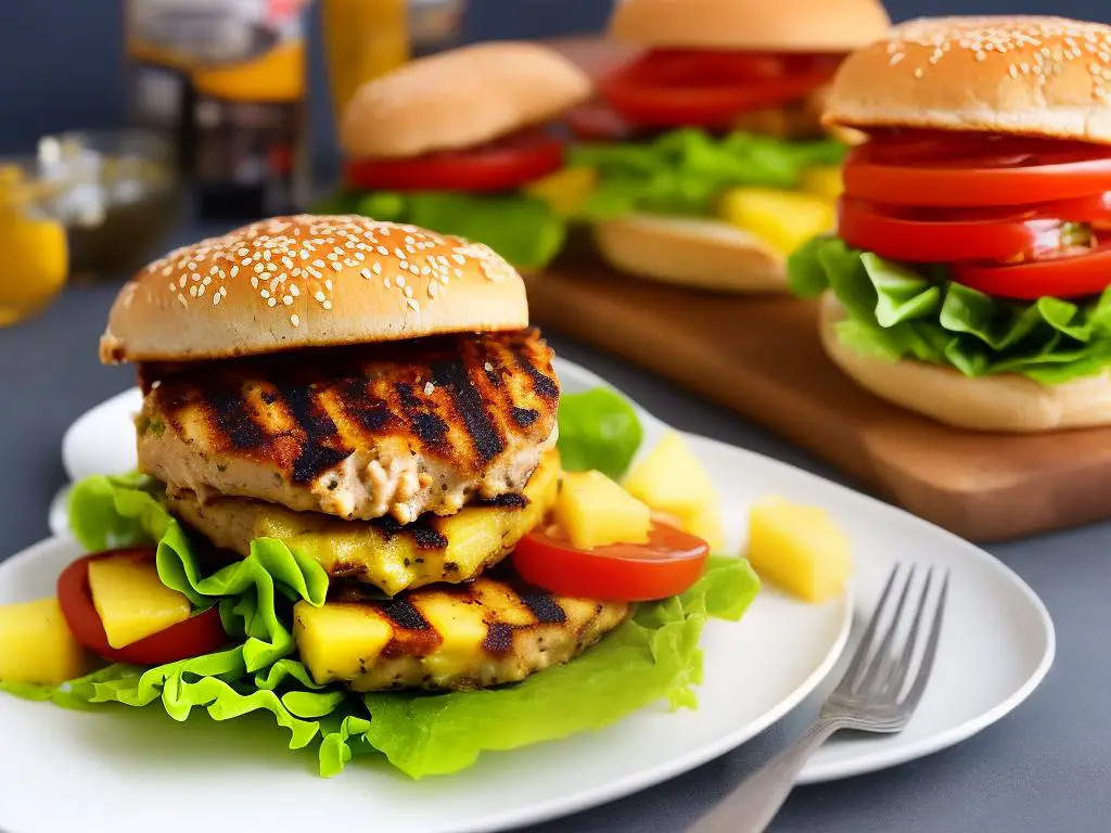 A picture of a McDonald's NZ Grilled Chicken Almighty burger with a slice of pineapple, lettuce, tomato, cheese and grilled chicken in a perfectly layered presentation.