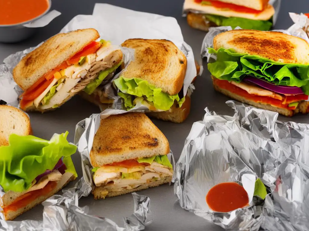 A sandwich with grilled chicken, lettuce, tomato, and sauce on a bun, surrounded by takeaway packaging and a drink cup.