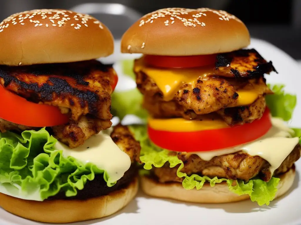 A picture of McDonald's Grilled Chicken Almighty, a burger with chicken, vegetables and condiments on a sesame seed bun.